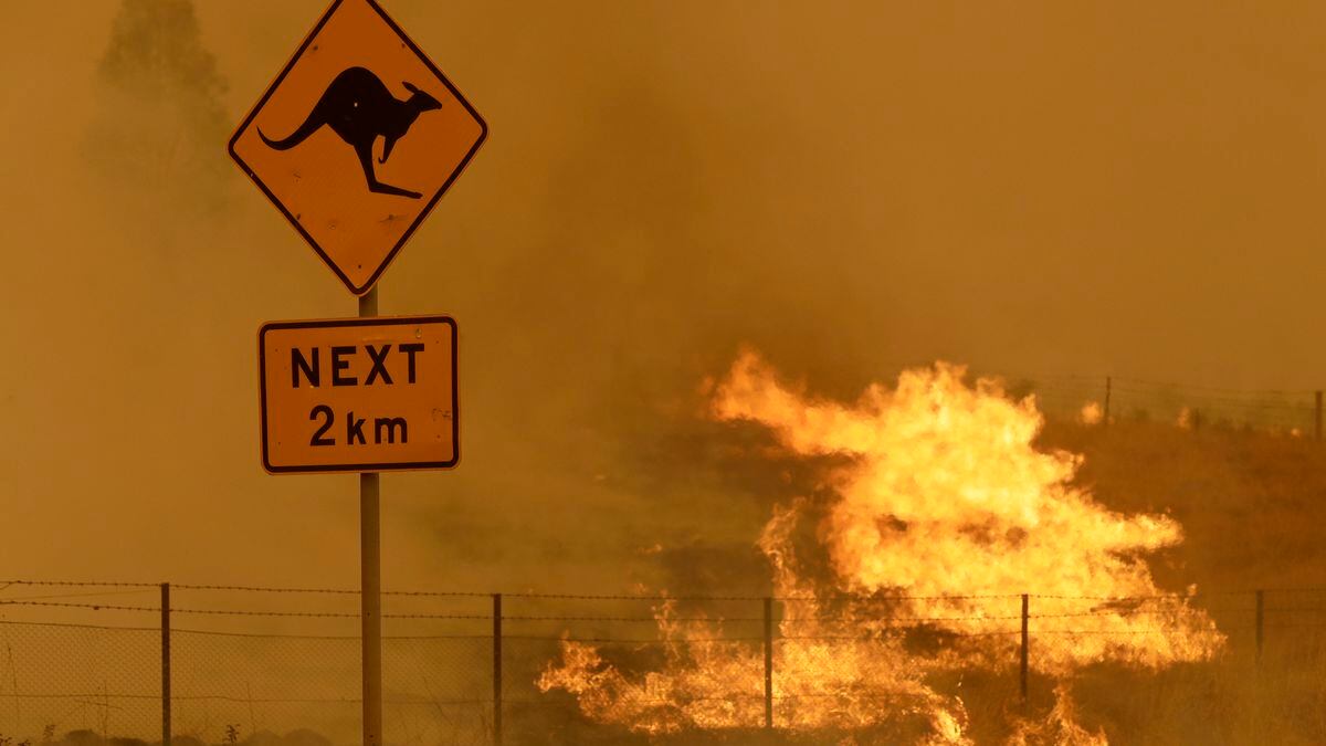 Fire burns in the grass near Bumbalong, south of the Australian capital, Canberra, Saturday,...
