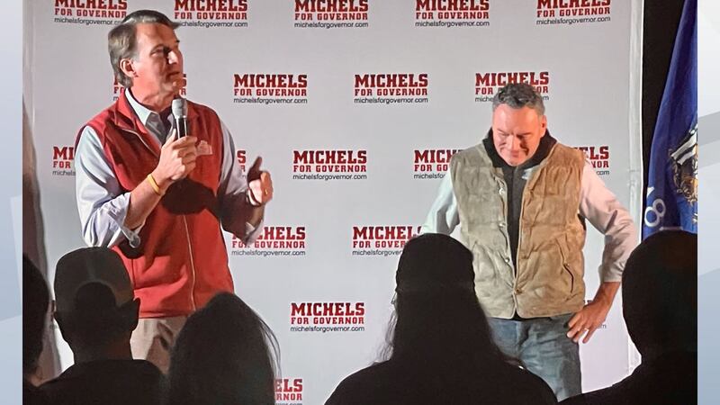 Virginia Gov. Glenn Youngkin and Wisconsin gubernatorial candidate Tim Michels at a campaign...