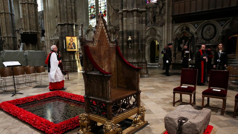 The Stone of Destiny is seen during a welcome ceremony ahead of the coronation of Britain's...