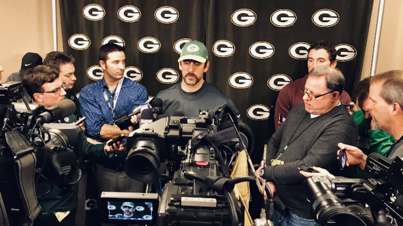 Packers quarterback Aaron Rodgers speaks to the media on Wednesday at Lambeau Field in Green Bay.