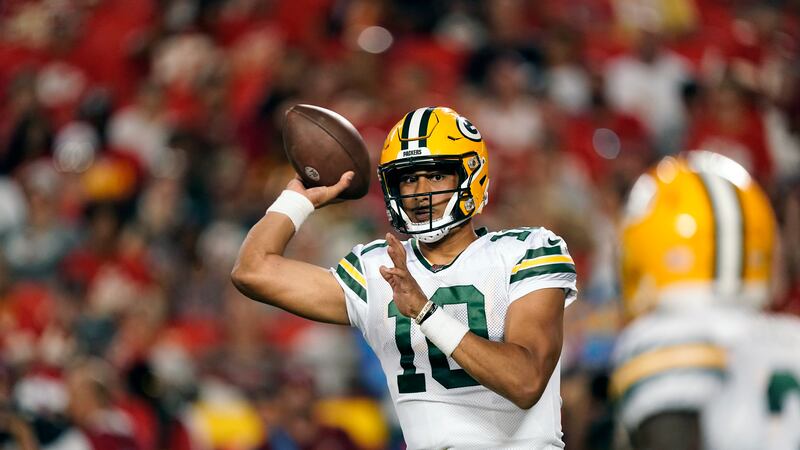 Green Bay Packers quarterback Jordan Love throws during the second half of an NFL preseason...