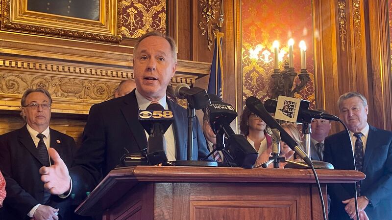 Assembly Speaker Robin Vos speaks during a news conference, Wednesday, March 15, 2023, in...