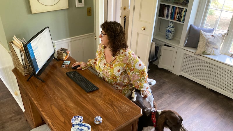 Sarah Motiff, from politically competitive Columbia, County, Wisconsin, works from home in...